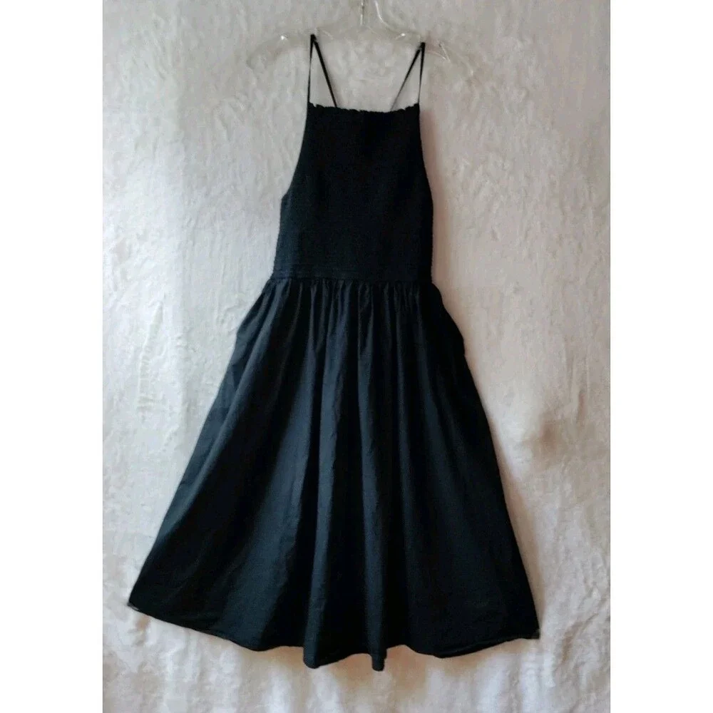 J. Crew Friday dress In Cotton Poplin Smocked Black Open Back Pockets Sz L